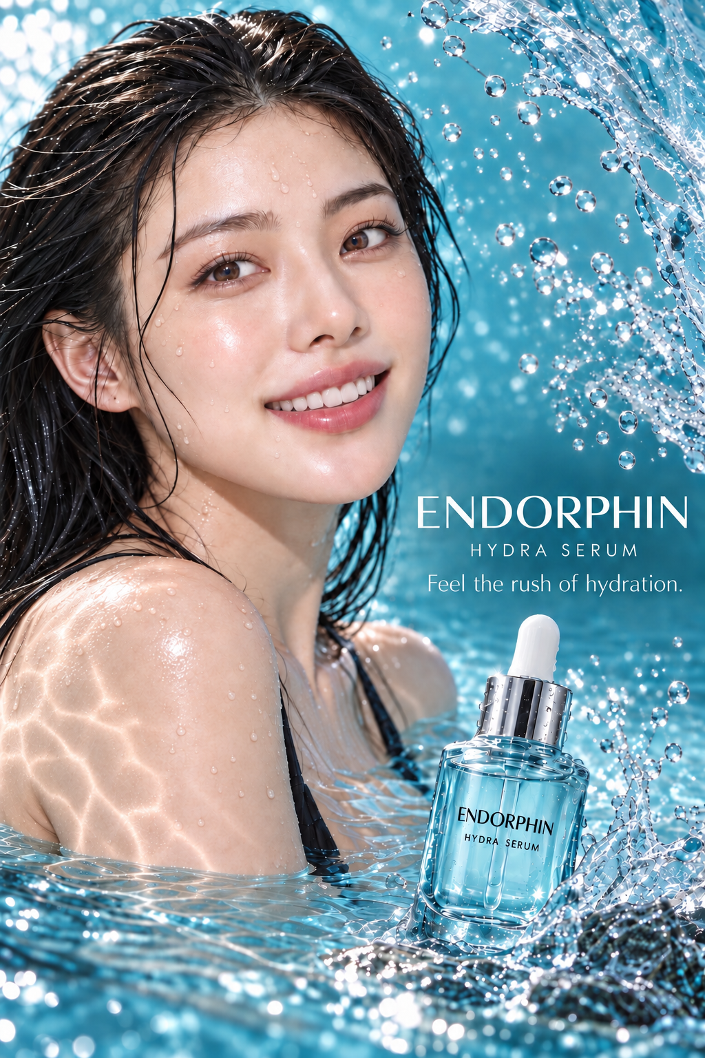 ENDORPHIN HYDRA SERUM 뷰티 광고 비주얼. 모델과 세럼 병